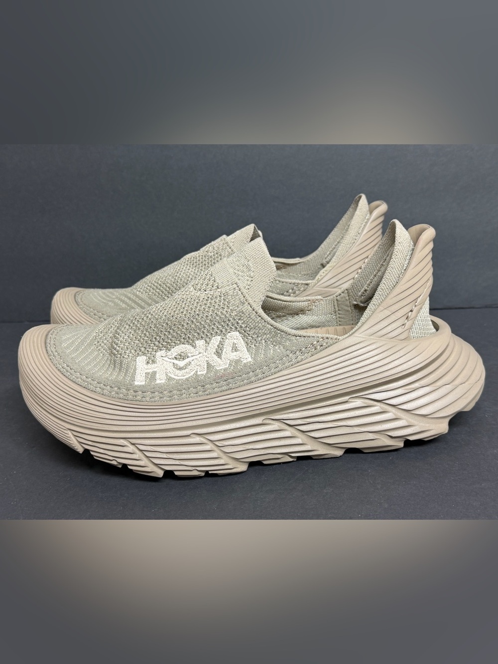 Hoka Restore TC Unisex Size US L9 Men 8 Dune/Oxford Tan Slip-On Shoes WORN ONCE
